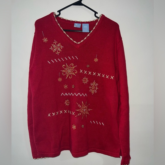 Holiday Editions Red with Gold Snow Flakes Christmas Sweater Size large - Picture 3 of 4